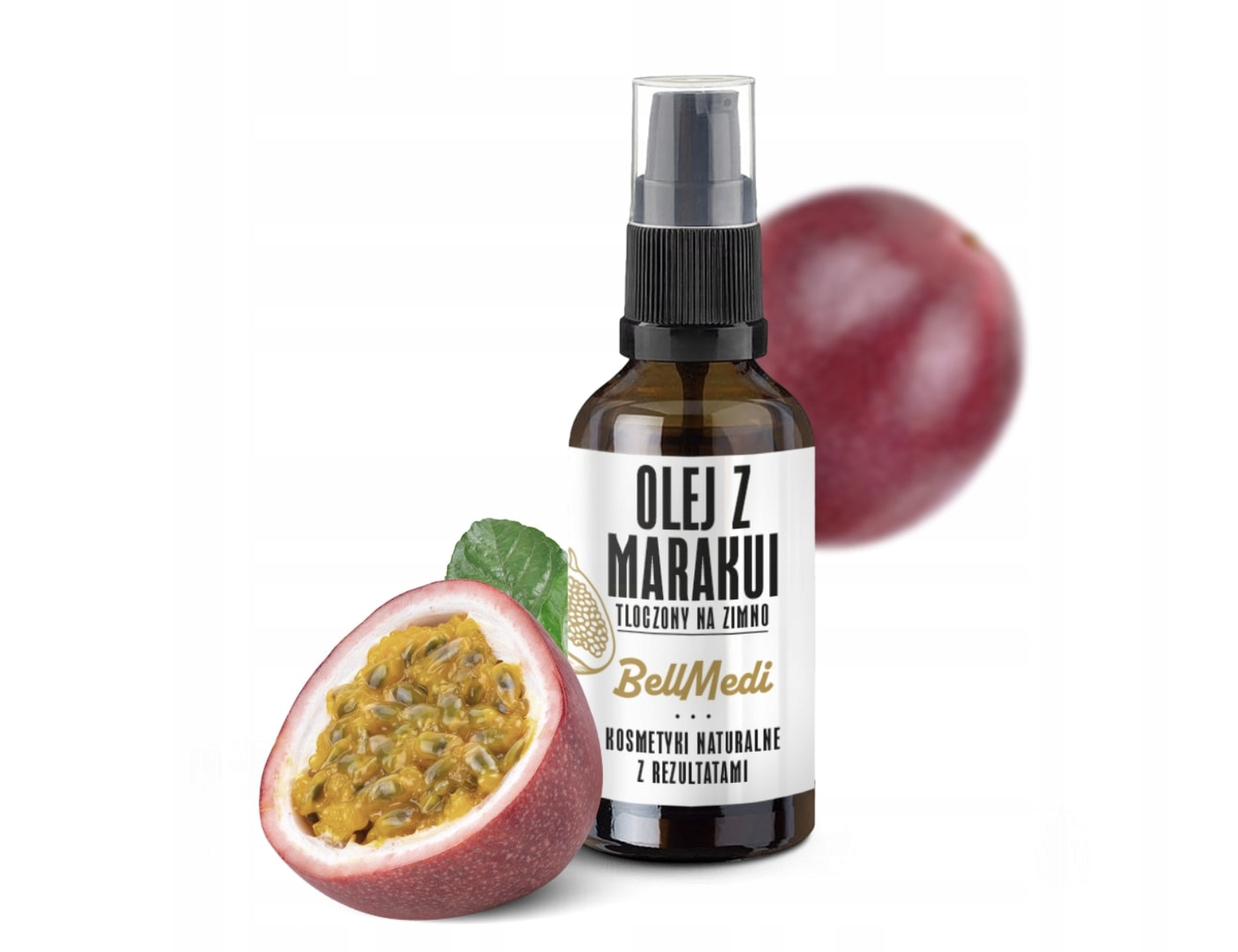 Olej z marakui 50 ml BellMedi — bursztynowa butelka z pompką i przekrojona marakuja